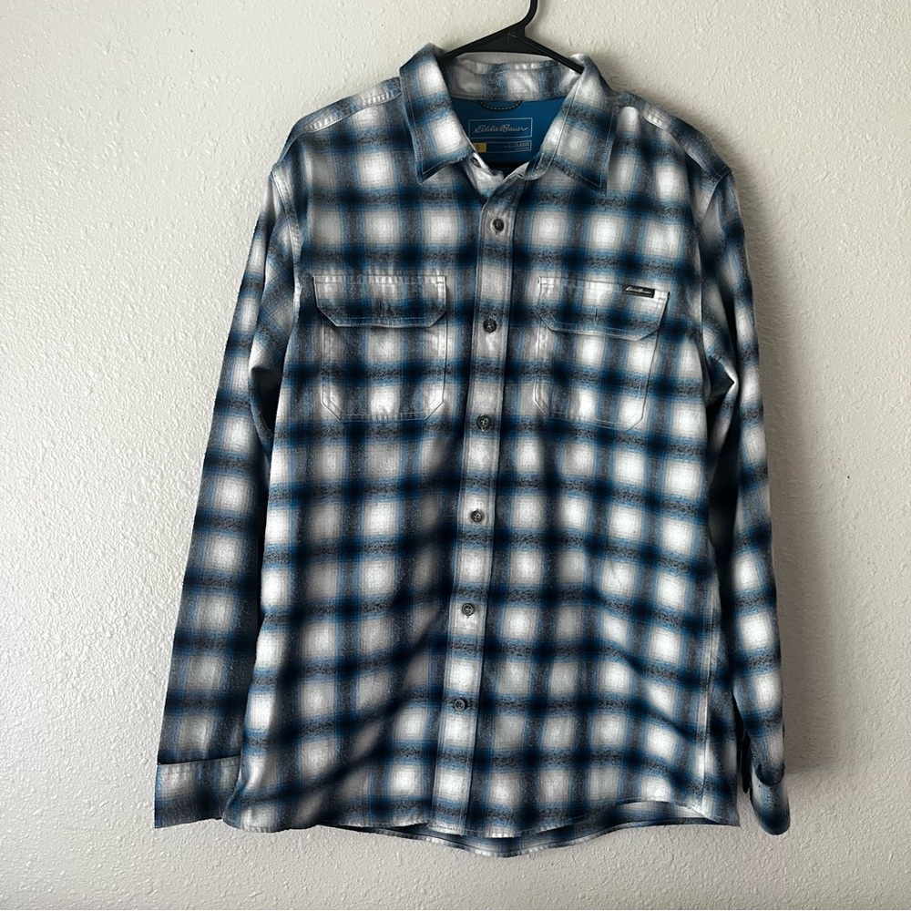 Eddie Bauer Navy and White Men's Button Up Shirt